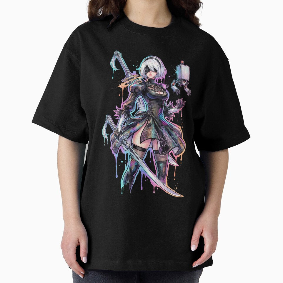 NieR Automata 2B Vaporwave Neon Japanese Text Overlay Design by Senpaiwaves
