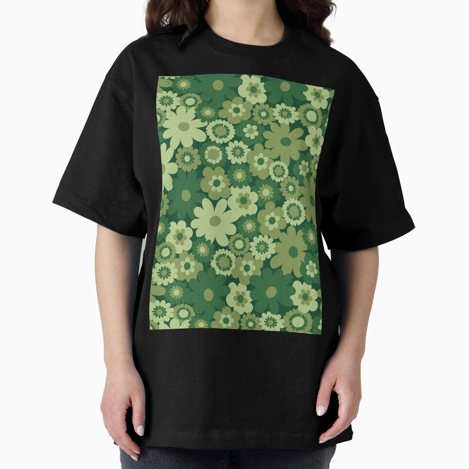 Green 60s retro flower power, retro green, pink, mustard yellow, 60s groovy pattern, hippie flowers by blomastudios