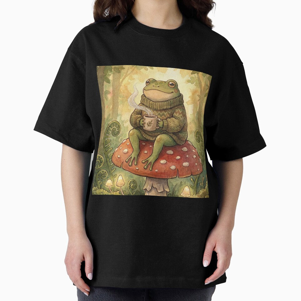 Cozy Goblincore Frog: Sweater & Tea on a Mushroom by AgingeR