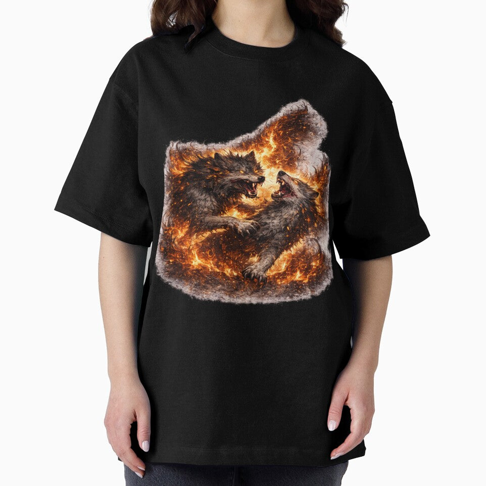 Alpha Wolf Battle T-Shirt – Dual Fire Wolves Dark Fantasy Graphic Tee by VivaThread