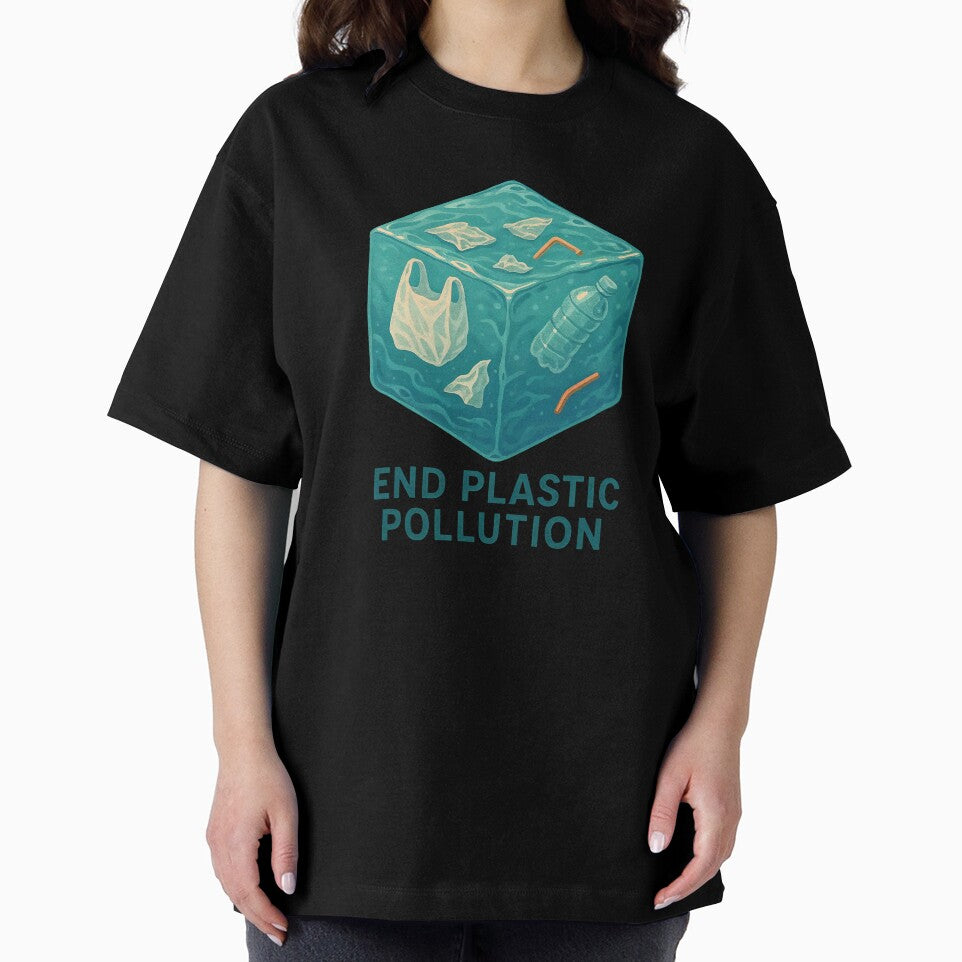 Translucent teal water cube with plastic debris on black background by Creative88Art