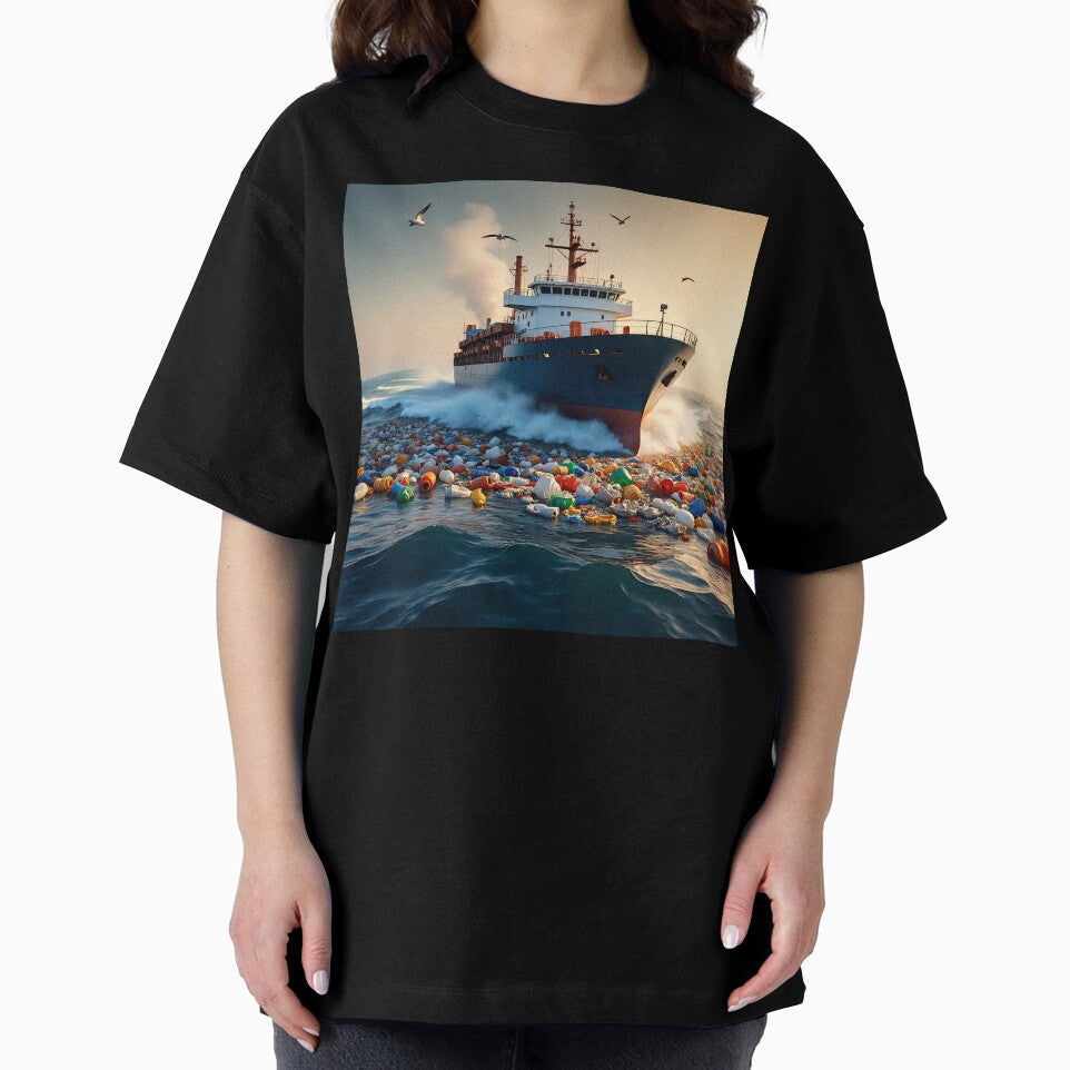 Ship Struggling Through Plastic Waste – Realistic 3D Ocean Pollution Art by AwesomeDigiShop