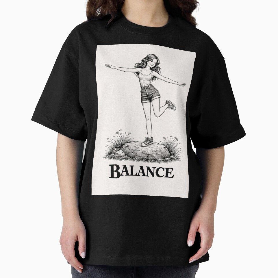 Balance Aesthetic Vintage Girl Black and White Minimalist Retro 70s Graphic Tee Design by VINTAGEPUNTEES