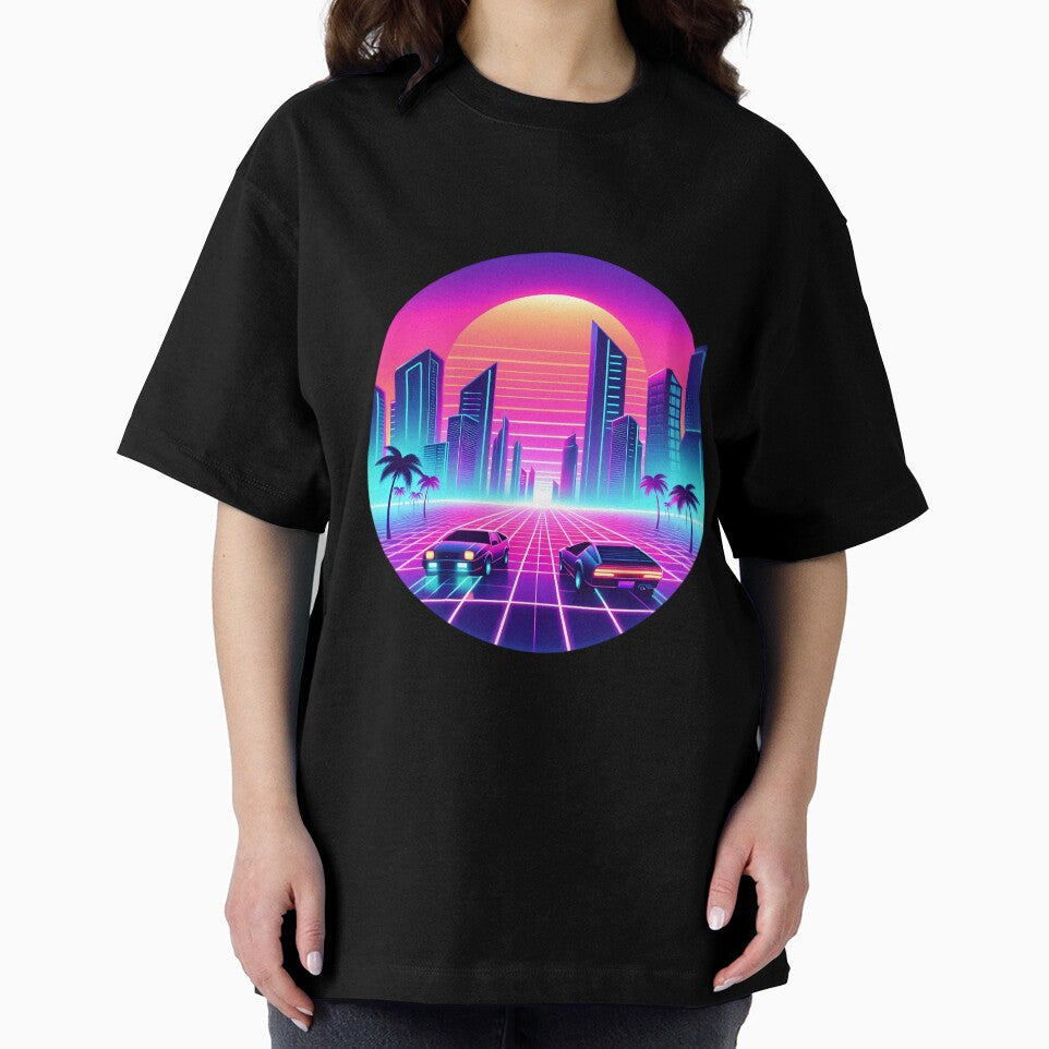 Retro Futuristic Neon Cityscape with Classic Cars by pumsquare