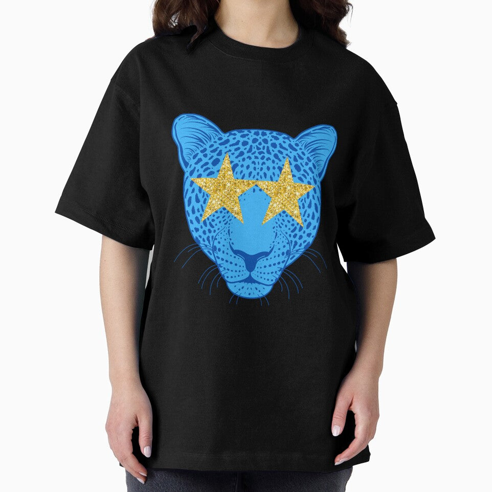 Star eyed preppy cheetah / panther / tiger with gold glittery eyes in blue by SUUSCK ★