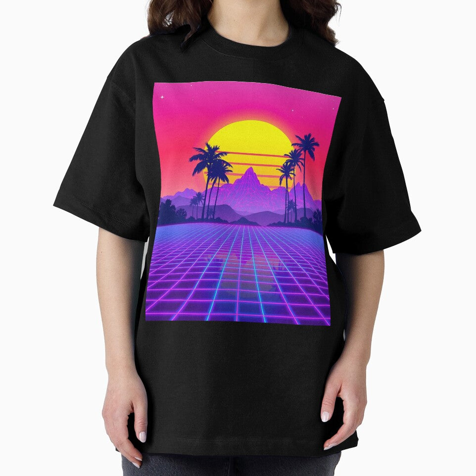 Retro 80s Synthwave Sunset – Neon Grid & Palm Trees by svarupa