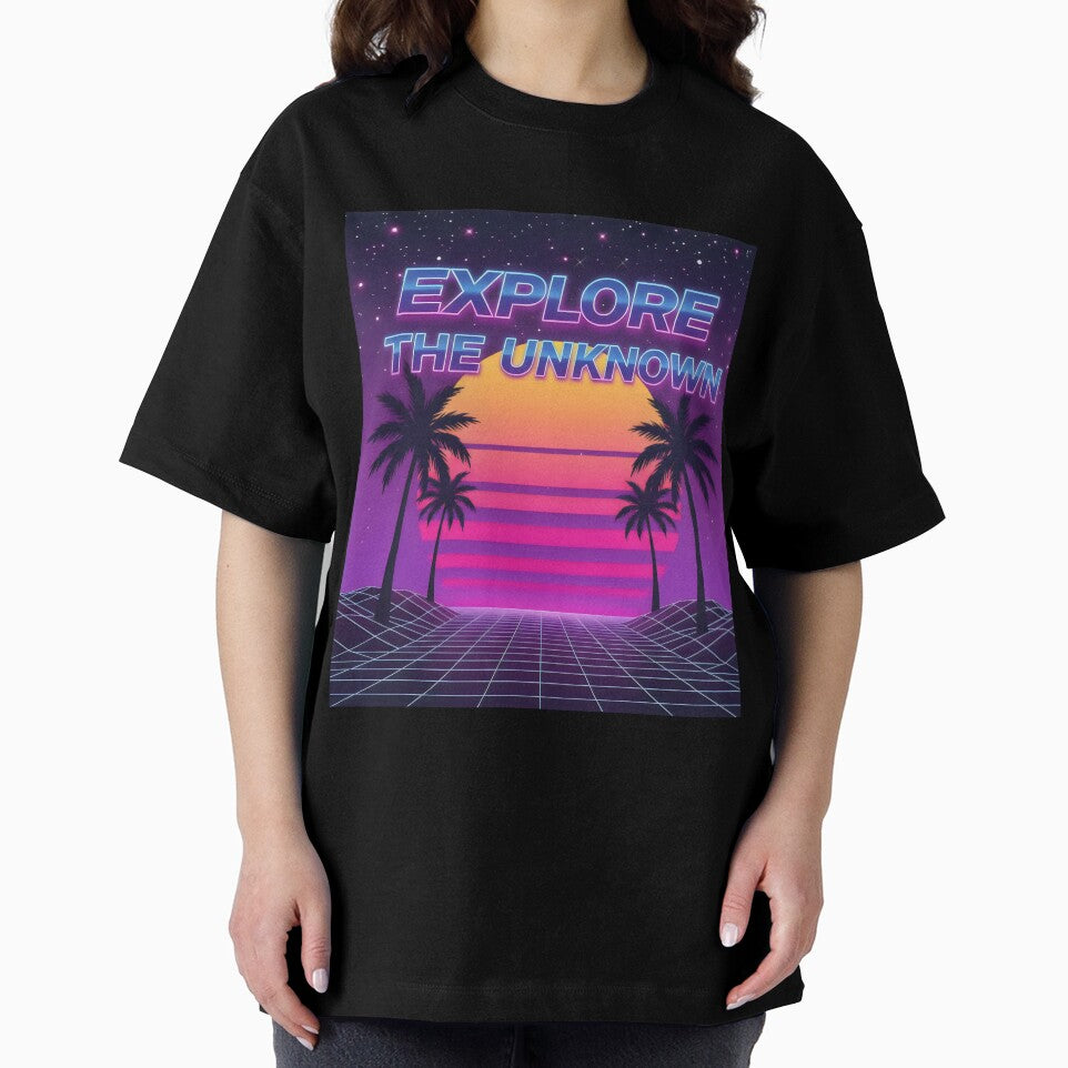 Explore the Unknown Synthwave Sunset Design with Grid, Palms and Retro Neon Vibes by SplashTastic