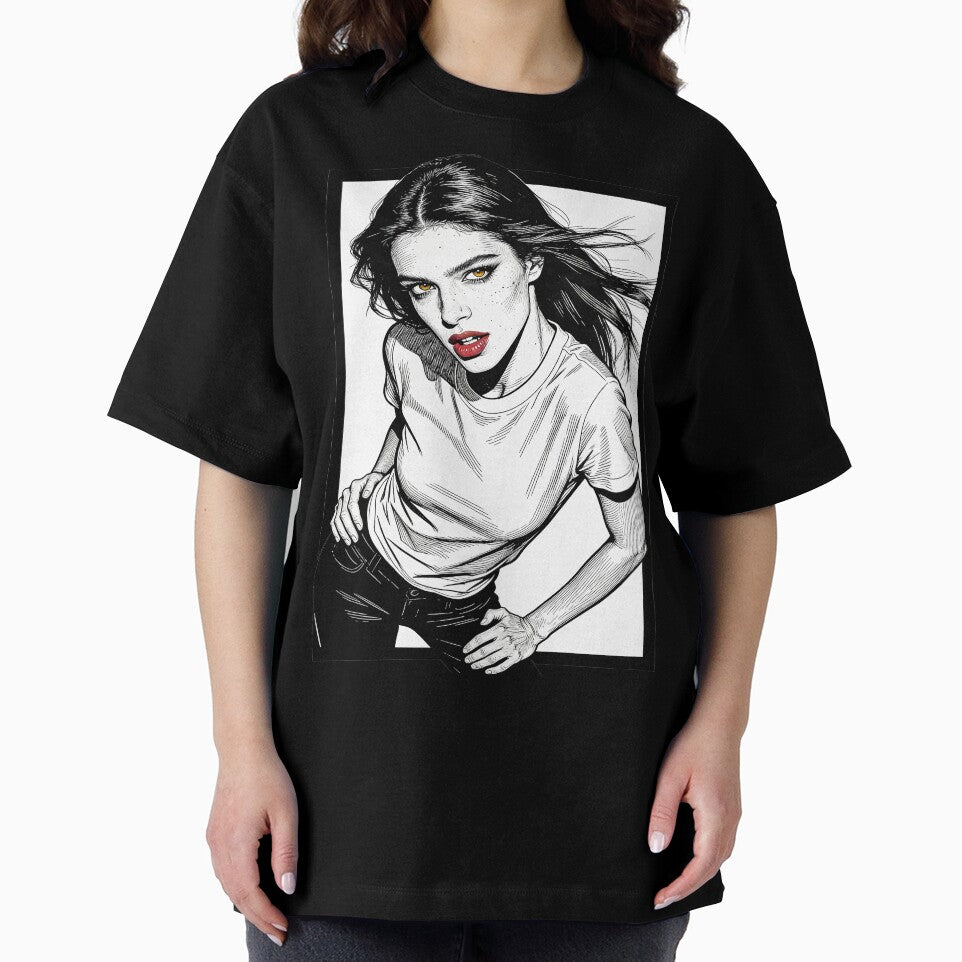 Intense Golden Stare & Red Lips - B&W Girl Line Art Crouch Pose by Azerof