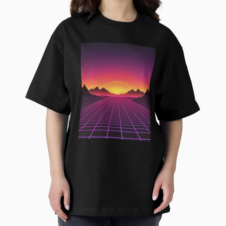 Neon Grid Sunset Synthwave Retro Landscape by RetroWaveArtCo