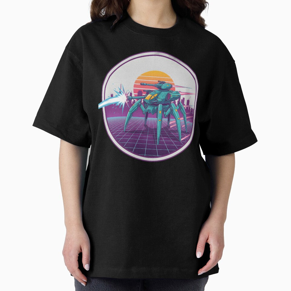 Retro Futuristic Mech Walker Neon Sunset Cyberpunk Battle. by The-T-In-Retro