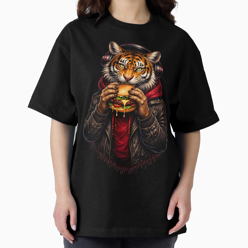 Street Tiger Eating Cheeseburger – Cool Urban Animal Hoodie Art by ColorSplash123