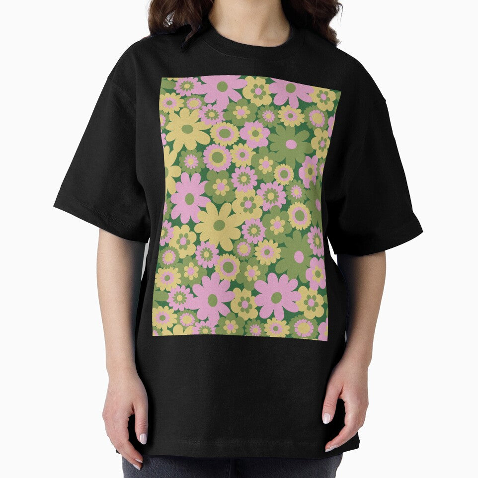 60s retro flower power, retro green, pink, mustard yellow, 60s groovy pattern, hippie flowers by blomastudios