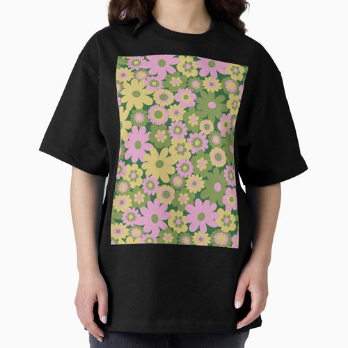 60s retro flower power, retro green, pink, mustard yellow, 60s groovy pattern, hippie flowers by blomastudios