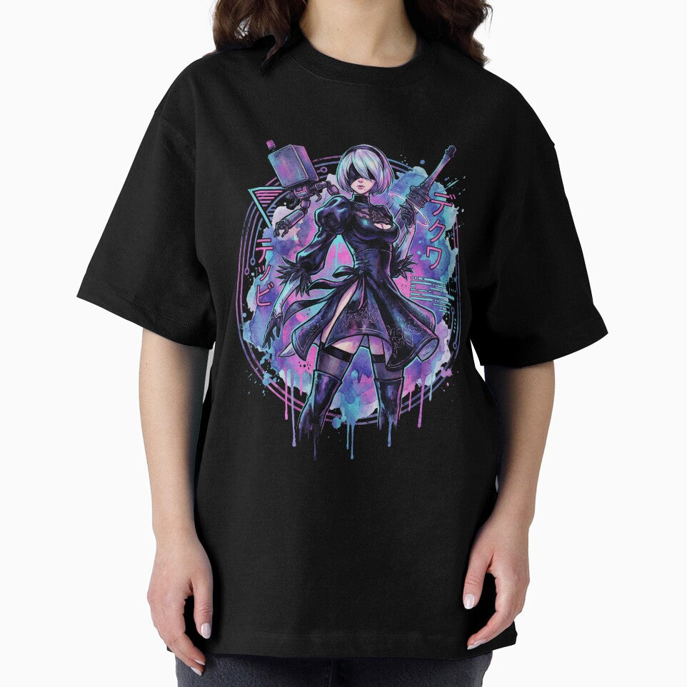 NieR Automata 2B Vaporwave Glitch Palm Sunset Neon Grid Art by Senpaiwaves