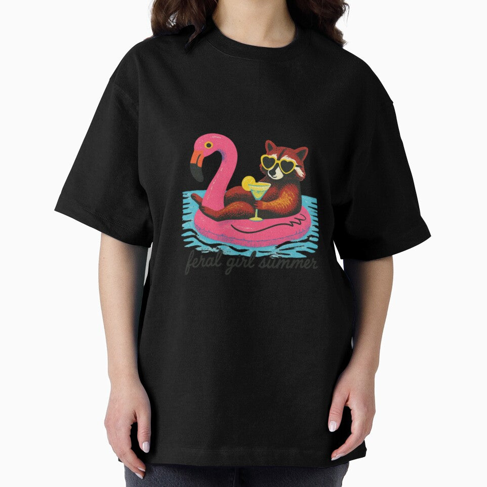 Feral Girl Summer | Raccoon on Flamingo Float Retro Graphic by HBDStudio