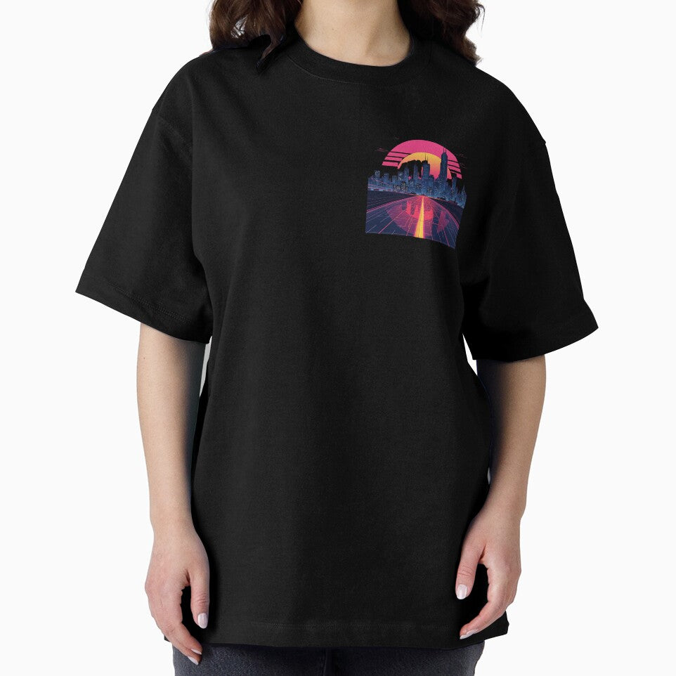 Retro Synthwave Cityscape T-Shirt – Vaporwave Sunset Skyline | Cyberpunk, 80s Aesthetic Shirt by OanaArt