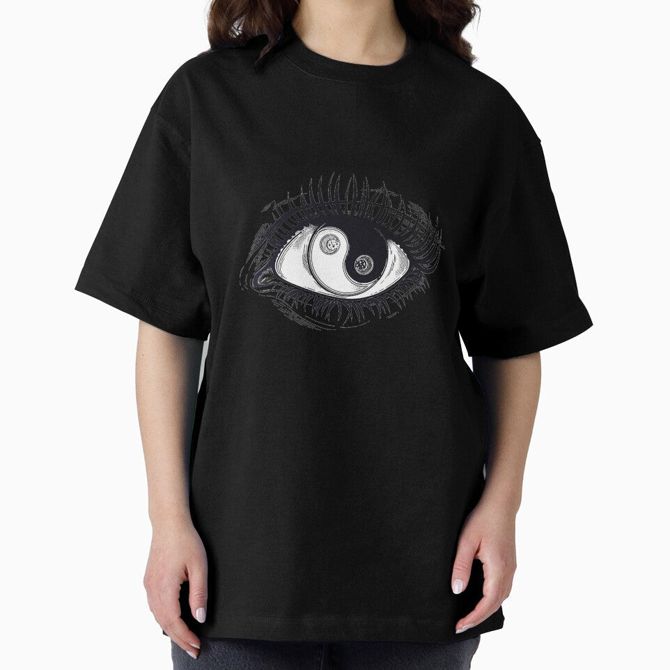 Eye of a human girl with pupil and iris as Yin and Yang boho symbol by ExocetMerch