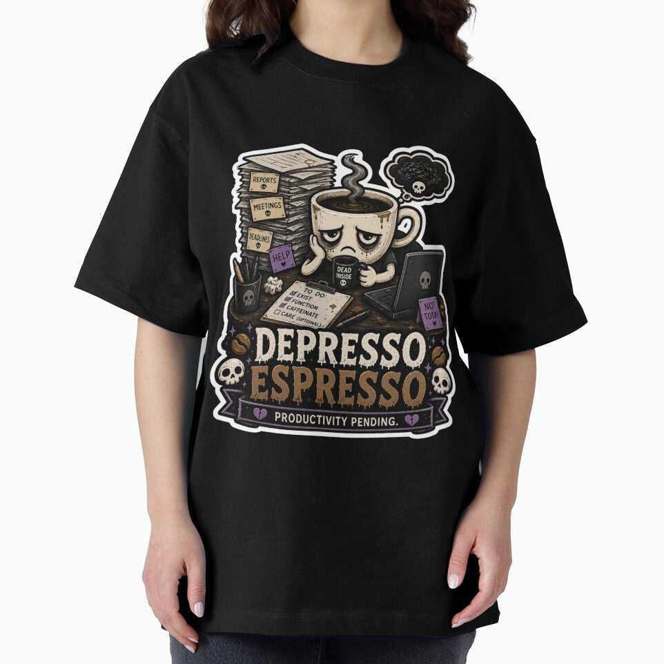 Depresso Espresso Goth Coffee Cartoon Sticker | Productivity Pending by Snackwave Ninety