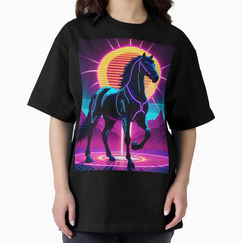 80s Retro Synthwave Neon Fire Horse Sunset by AuraPremiumArt