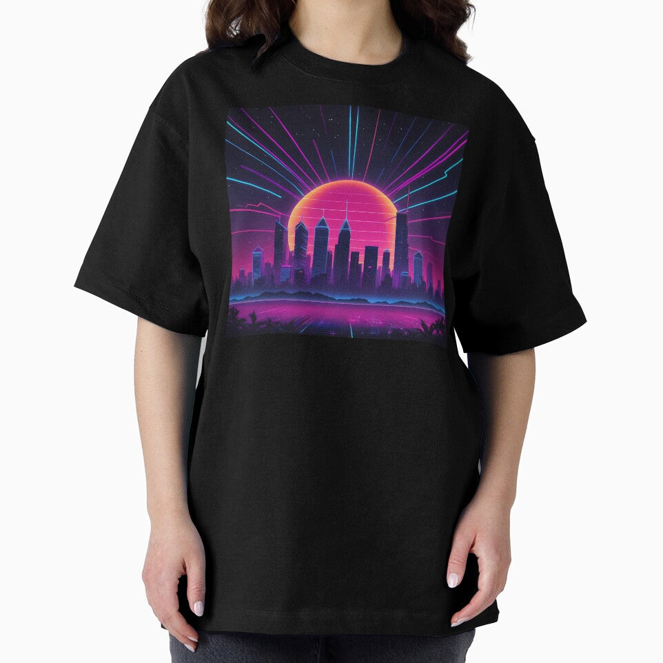 Retro Neon Synthwave Cityscape | Vaporwave Skyline Poster & Sticker by BlendArts