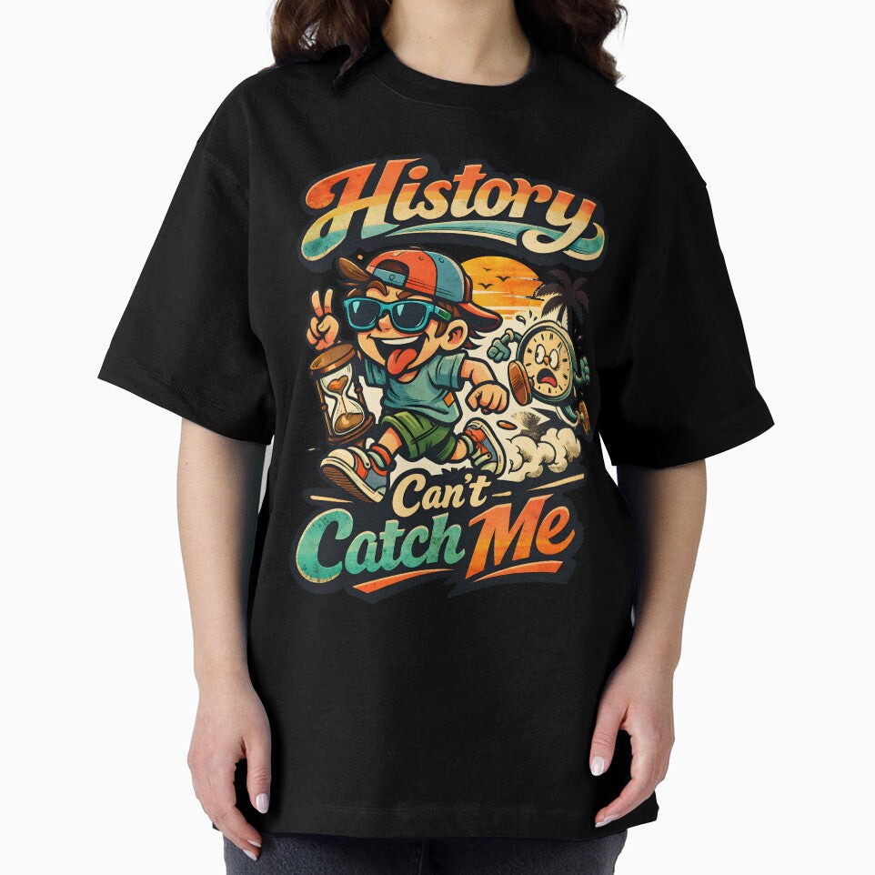 History Can't Catch Me Retro Pop Aesthetic - Funny Time Travel Satire Art - Vintage 90s Nostalgia Motivational Graphic for Streetwear & Posters - Summerween Beach Sunset Glitch Core Design by Vivaan Studio