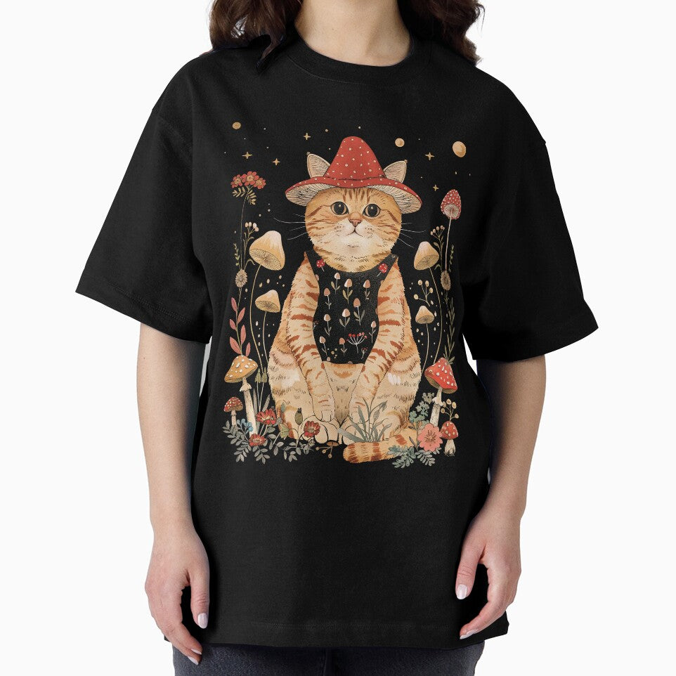 Cottagecore Mushroom Cat T-Shirt – Whimsical Cat in Red Mushroom Hat with Forest Flowers & Stars | Goblincore Aesthetic by Nyx Creates