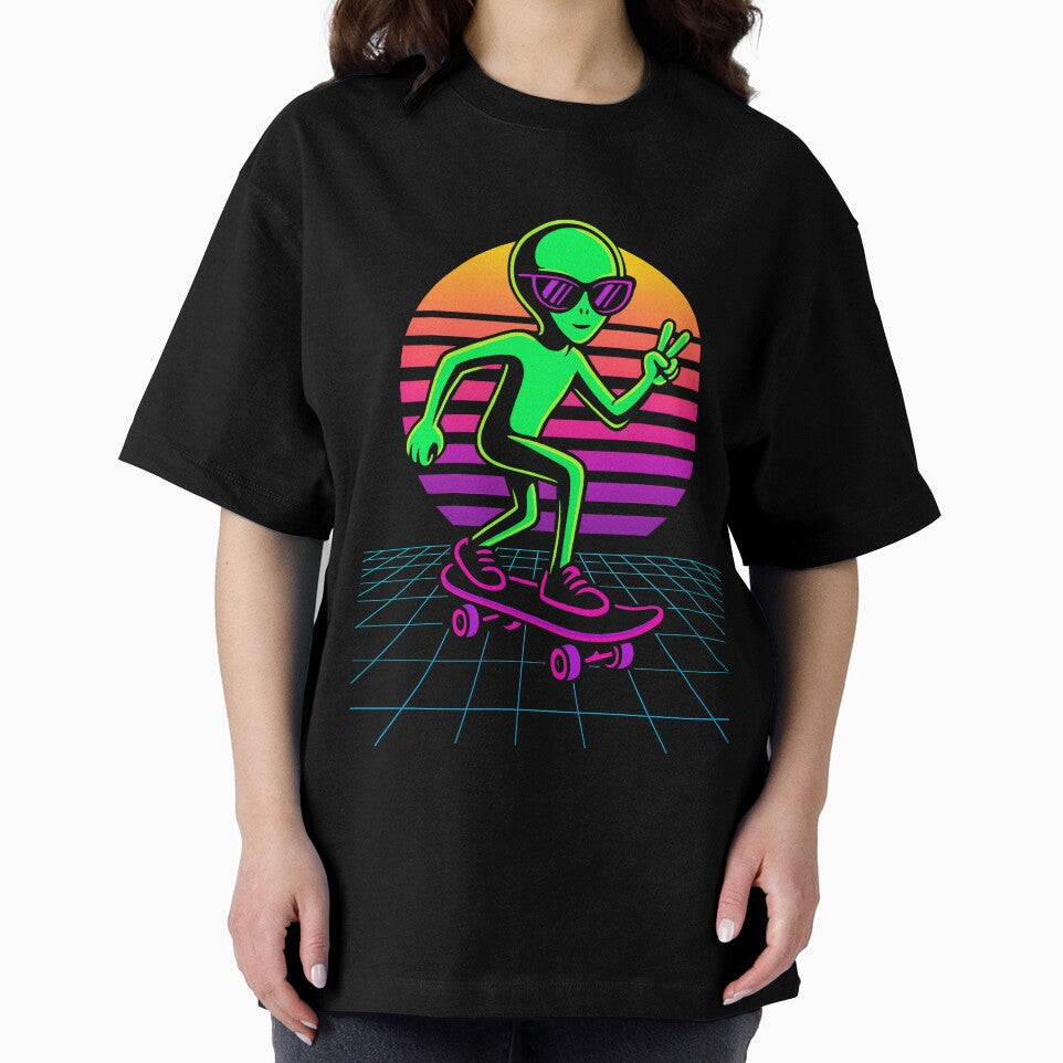 Neon Alien Skateboarding – Retro Sunset Vaporwave Tee by BambaKchula
