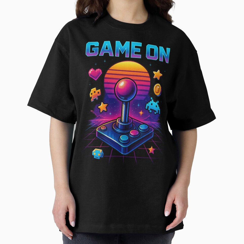 Retro Gaming Synthwave – Pixel Art Sunset with Neon Joystick by Designforyou86