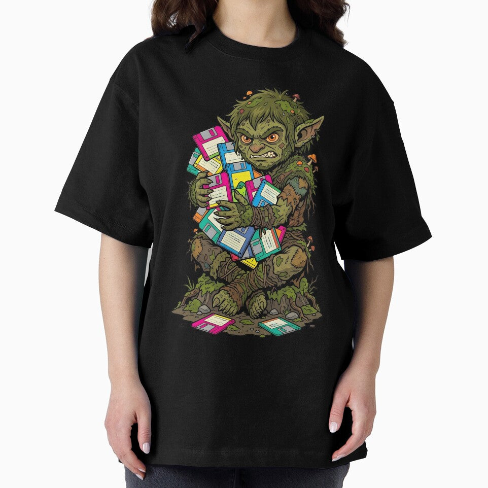 Cute Dirt Goblin Collecting Neon Floppy Disks - Dark Cottagecore & Vintage Tech by Mythic Ink Studio