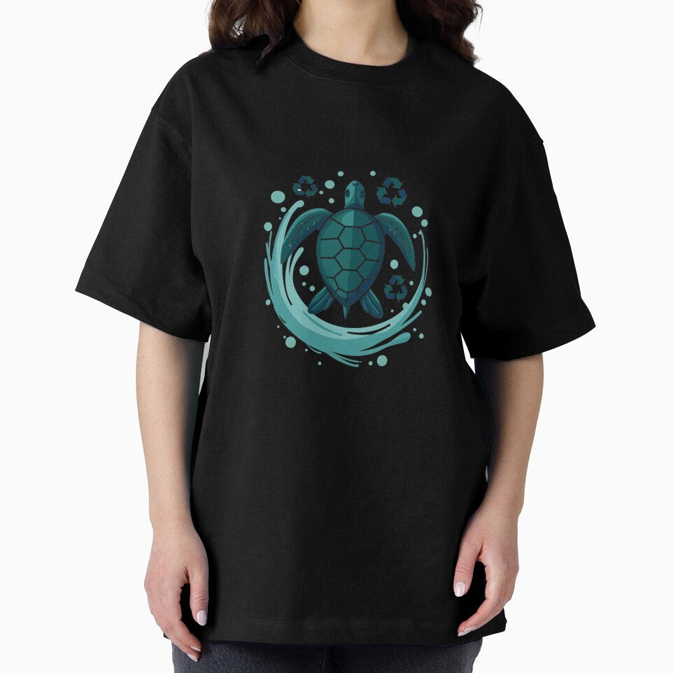 A Sea Turtle Swimming Through a Sea of Recycling Symbols in Shades of Blue and Green by VibeTCreations