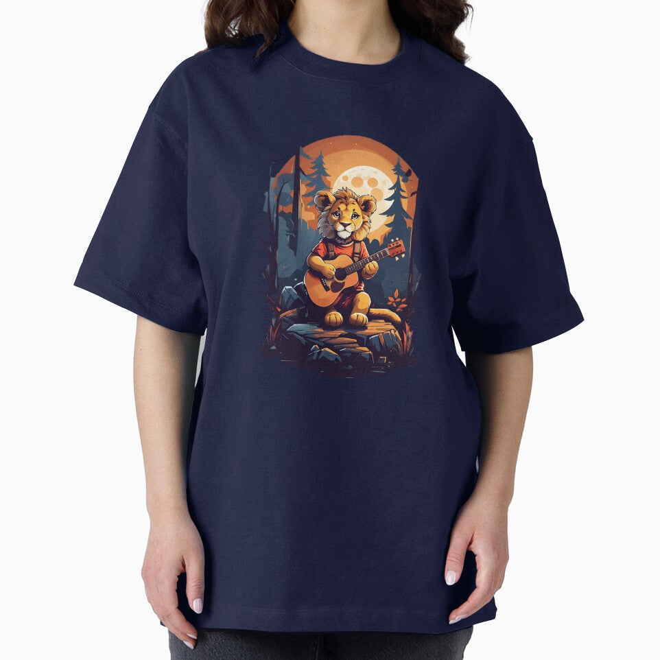 Romantic lion cub playing guitar at night cartoon graphic for kids T-Shirt by CedricNorbinho