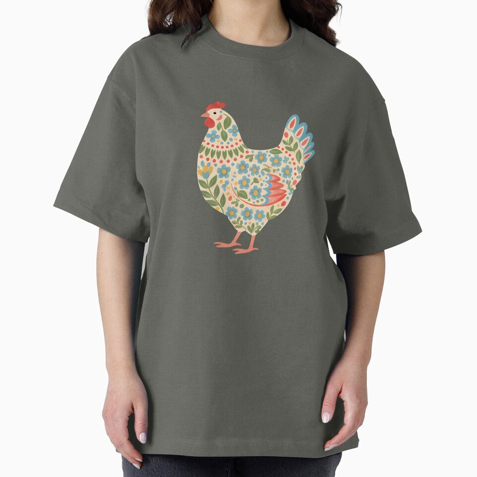 Floral Chicken with Folk Motifs – Scandinavian Folk Art by heidiannemorris © by FOLK ART FUSION by heidiannemorris