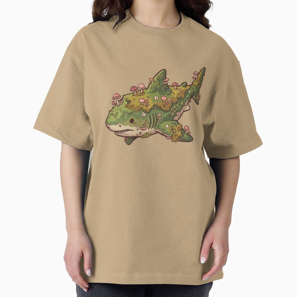 Mossy Shark Cute Ocean Creature with Mushrooms and Flowers, Goblincore Nature Art by Magnificent Lizard