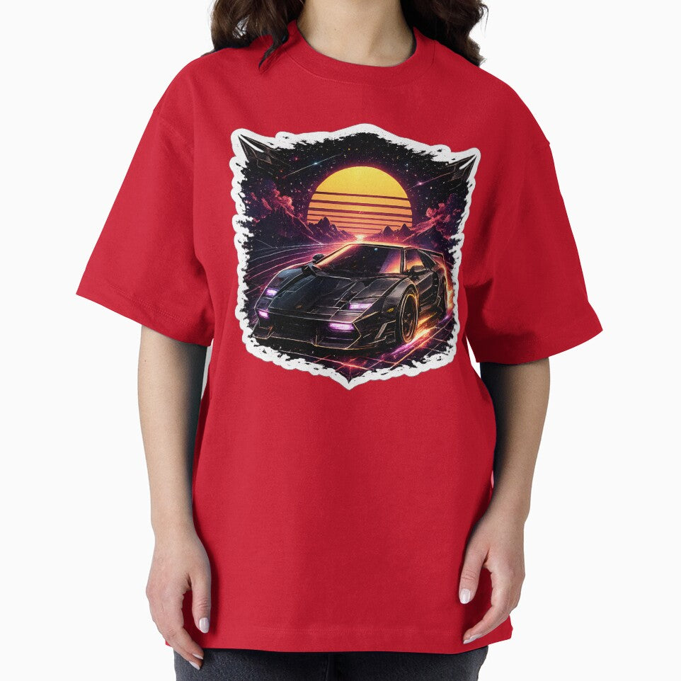 Retro Future 1980s Synthwave Sports Car with Outrun Sunset Grid by RiteshCenter