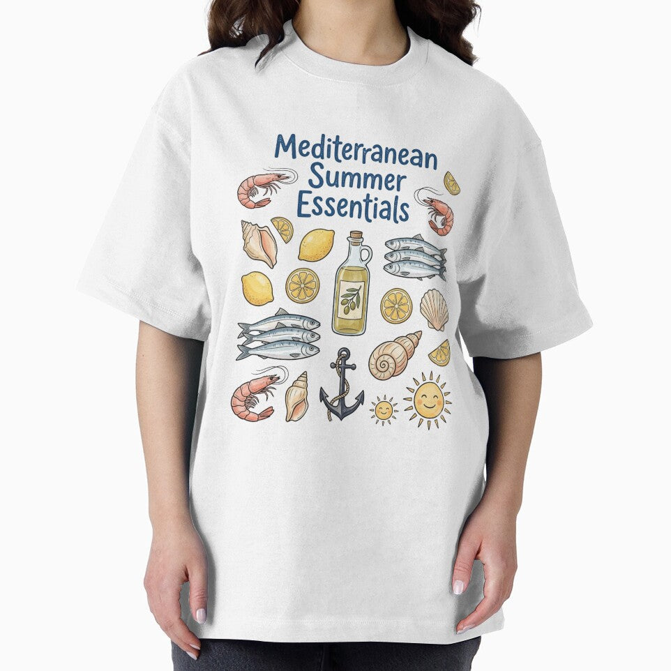 Mediterranean Summer Essentials Shirt - Cute Italian Coastal Collage Graphic Tee - Retro Seafood and Citrus T-Shirt, Sardine Shrimp Lemon Apparel, Euro Summer Gift by justyna-s28
