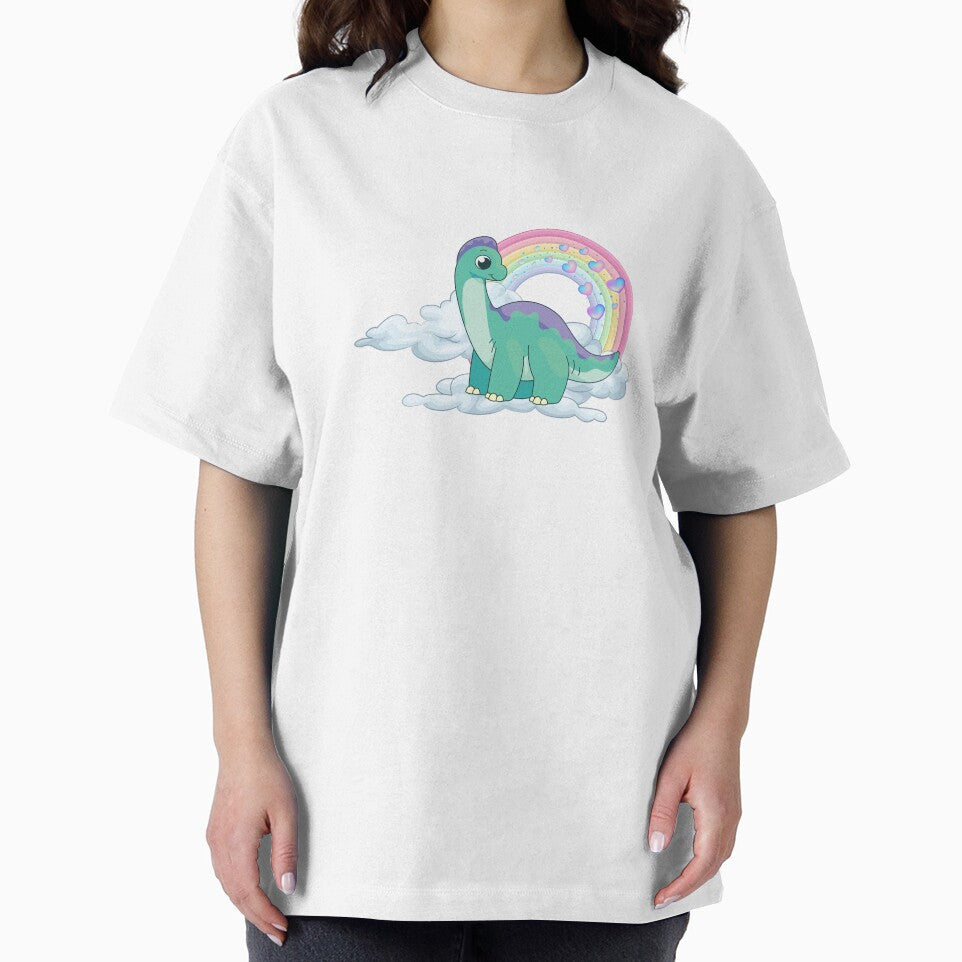 Gentle Dinosaur - Cute Teal Brontosaurus on Clouds with Rainbow by Love3Happy