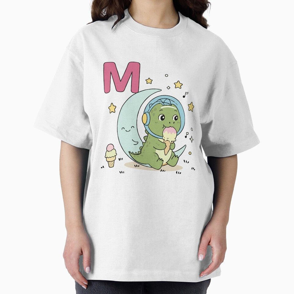 Cute Dinosaur Alphabet M – Kawaii Dino on Moon with Ice Cream by MeeraArts&Crafts