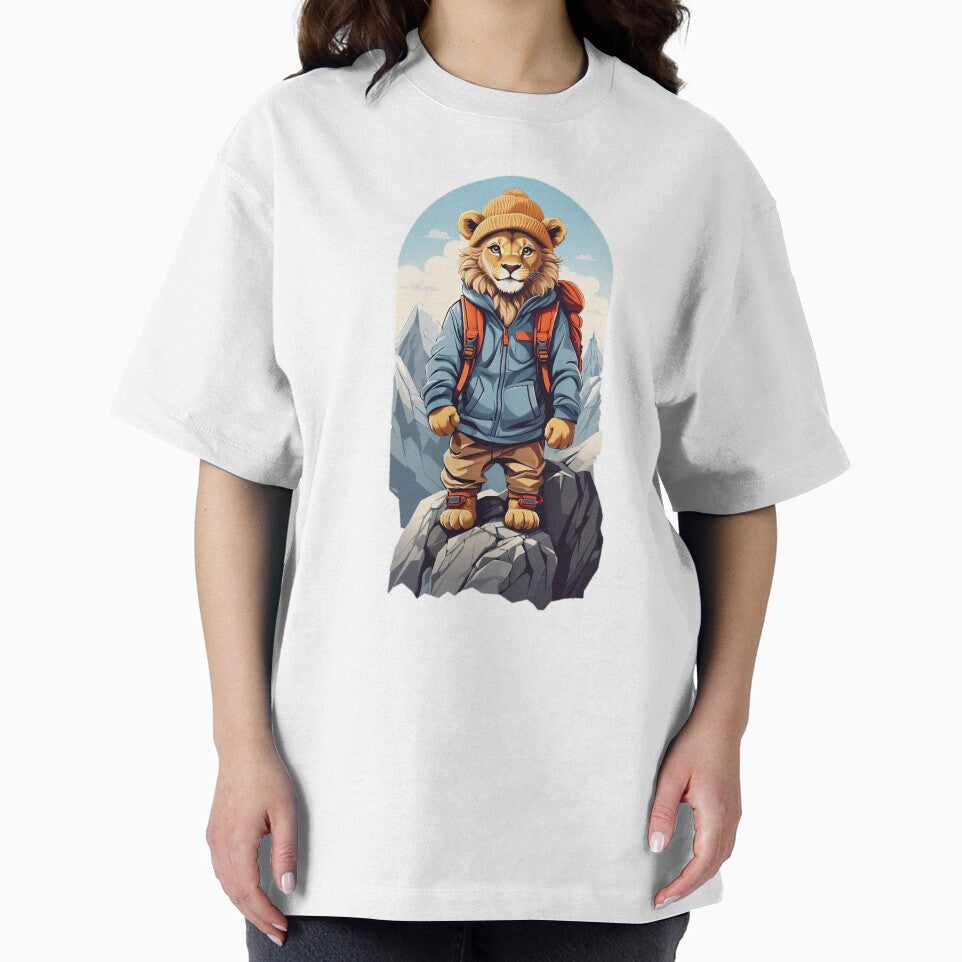 Young lion hiking in the mountains cartoon comic graphic for kids by CedricNorbinho