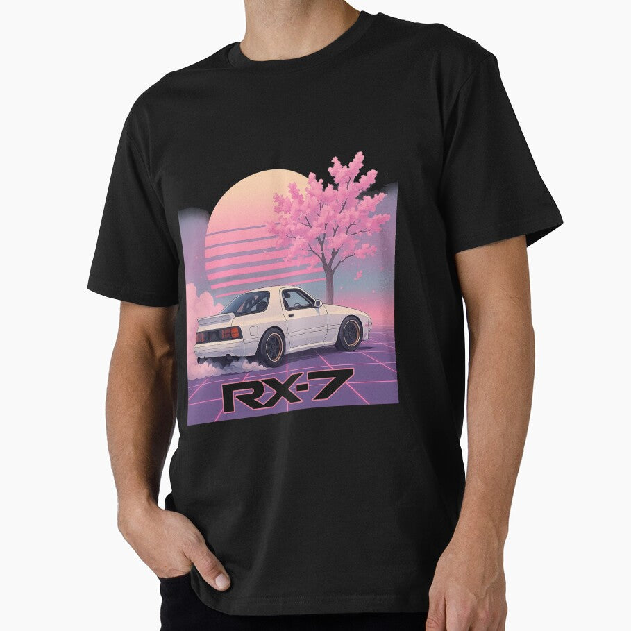 Retro RX-7 FC3S Vaporwave Drift Art – Cherry Blossom Neon Sunset Illustration by TheArtOfCar