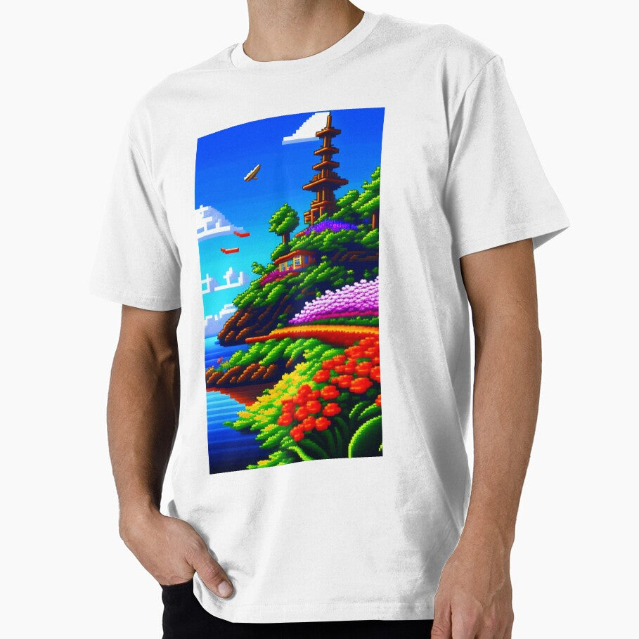 House on the mountain by the sea with a Japanese tower in the background pixel art by ArteEterno