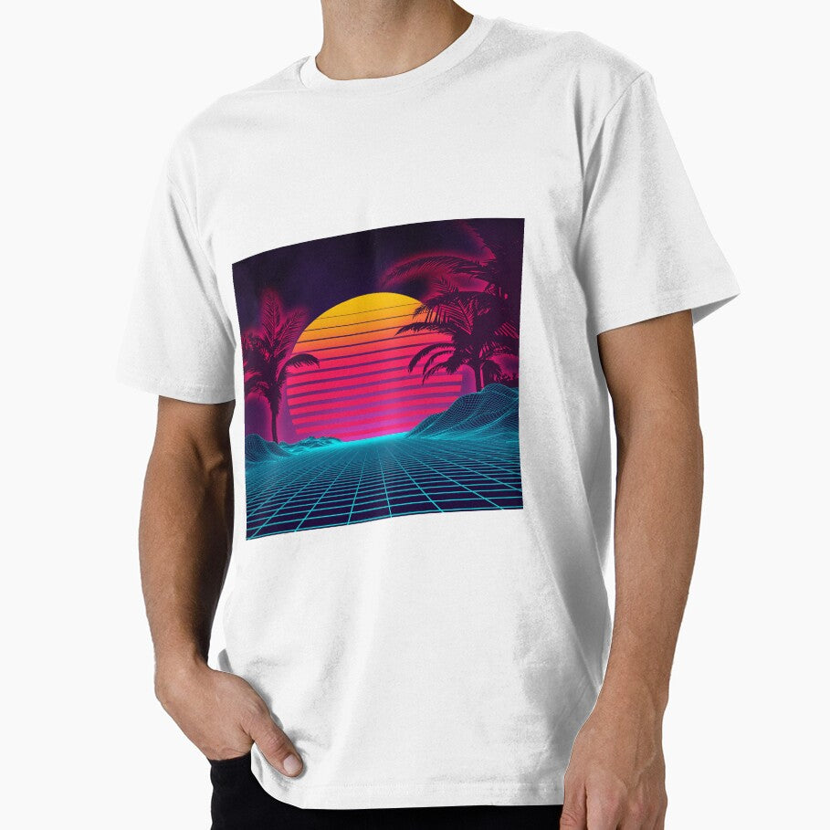 Retro Synthwave Sunset - 80s Vaporwave Grid Landscape Neon Palm Trees by leen12 Art Designs Prints