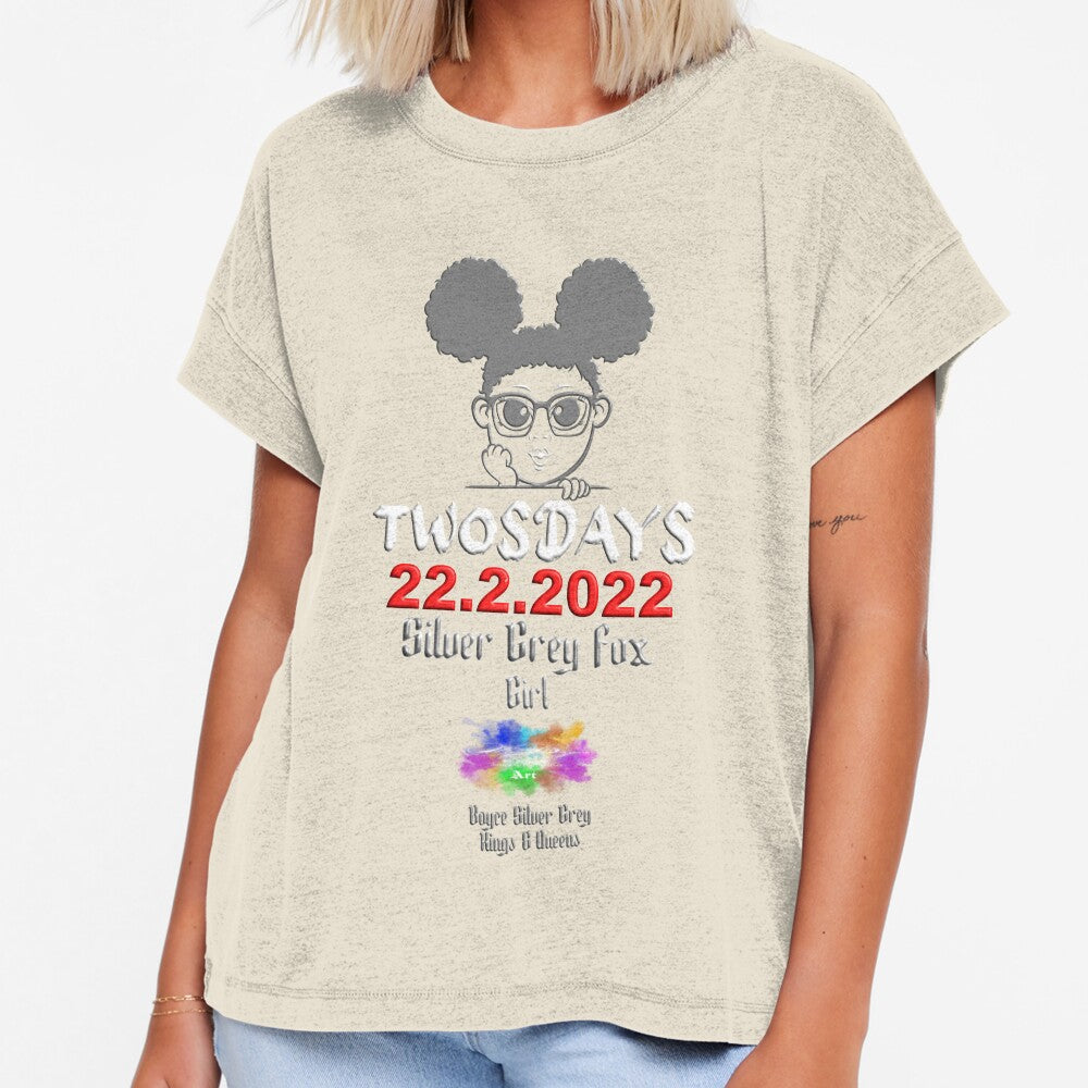 Happy Tuesday silver grey fox girl (Light logo on Dark top) one-time event by markyboyce247
