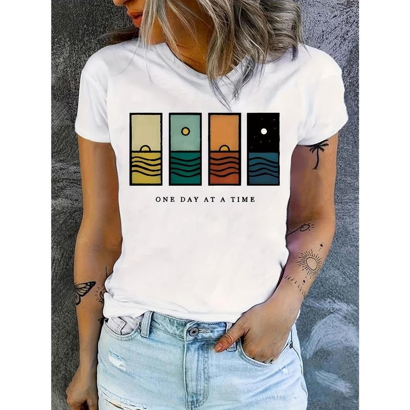 Women'S Casual Graphic T-Shirt - "Once A Day" Monogram Design, Short-sleeved Round Neck, Machine Washable, Spring/summer...