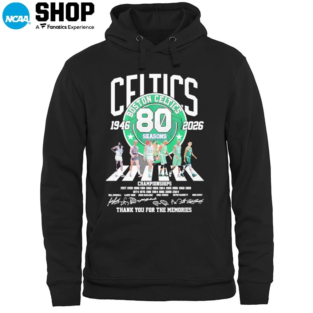 The Boston Celtics 80 Seasons 1946-2026 Abbey Road Champions Thank You For The Memories Signatures T-Shirt