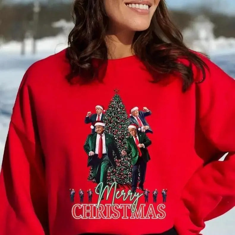 Funny Trummp President Dancing Merry Christmas Pine Tree Red Sweatshirt/hoodie/tshirt, Unisex Trendy | HypeDripTees.com