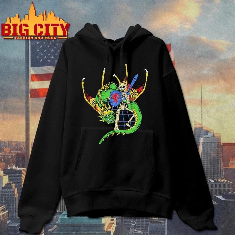 Vintage Skeleton Knight Riding Green Dragon Sword and Shield Graphic Shirt