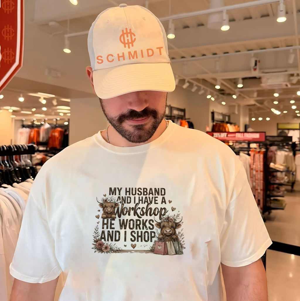 My husband and I have a workshop he works and I shop shirt