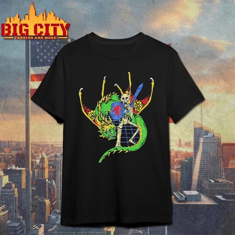 Vintage Skeleton Knight Riding Green Dragon Sword and Shield Graphic Shirt
