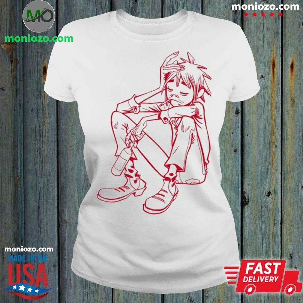 Original Gorillaz 2D Red Line Drawing Character Sketch T-Shirt
