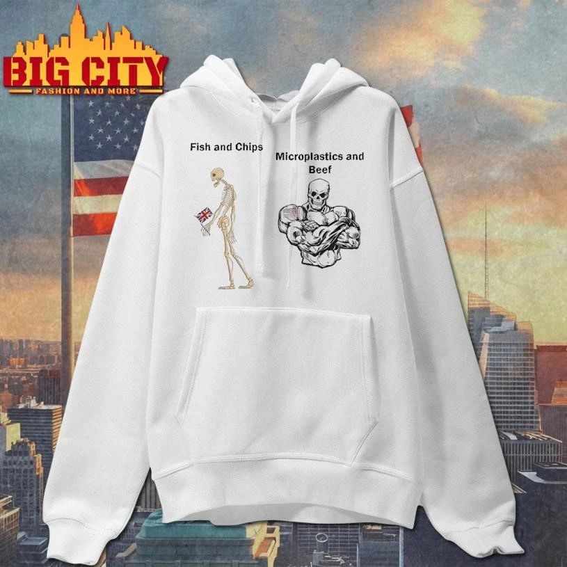 Fish and Chips vs Microplastics and Beef British American Chad Skeleton Meme Shirt